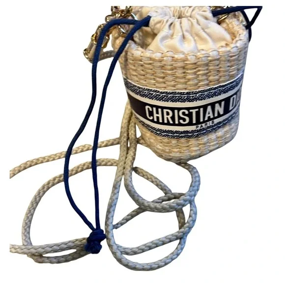 Christian Dior Wicker Bucket Bag Mini Straw Crossbody Navy Blue Natural GWP - Picture 7 of 7